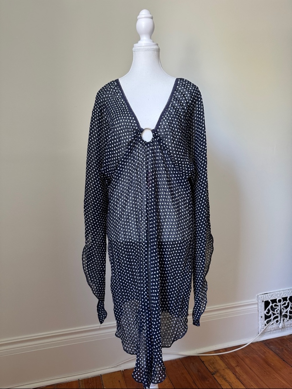 DOUBLE VE Sheer Polka Dot Whimsy Preppy Butterfly Sleeve Vneck Cover‎ Up Size OS